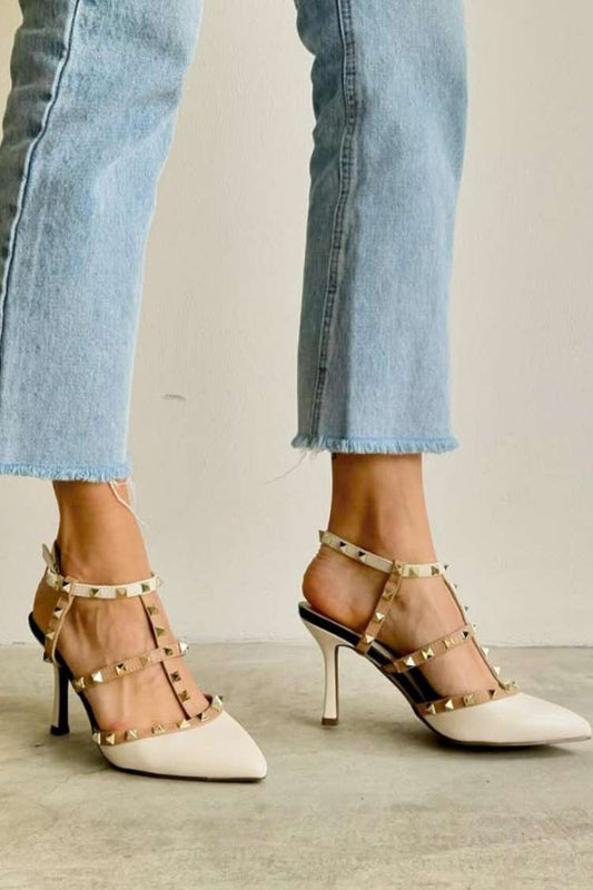 Metallische Leder Nieten Käfig T-Riemen Spitz Zehen Stiletto Pumps [Vorbestellung]