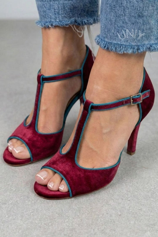 Elegant Burgundy Velvet Contrast T-Bar Open Toe Heels [Pre Order]