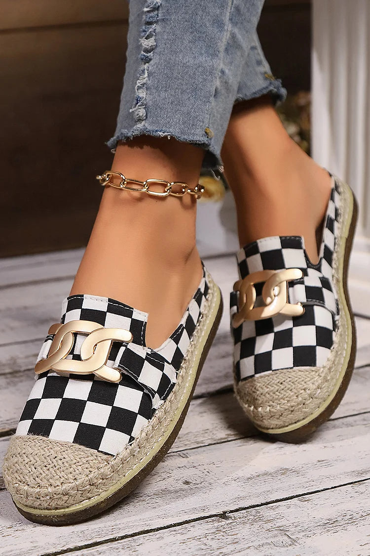 Plaid Metallic Chain Decor Patchwork Round Toe Mules