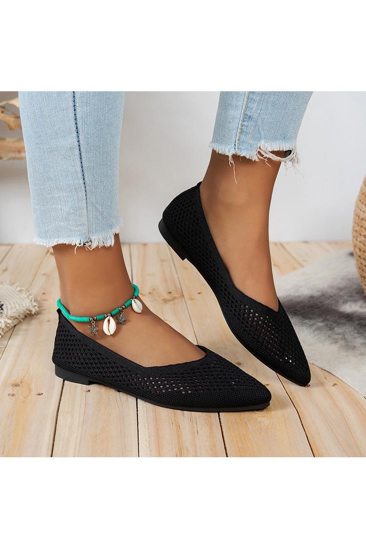 Jednokolorowe ażurowe dziergane casualowe baleriny z ostrym noskiem