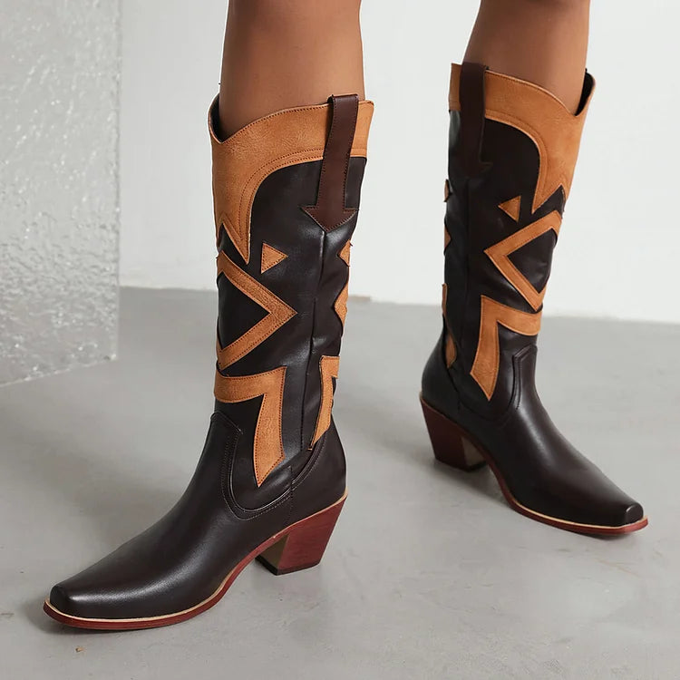 Colorblock Patchwork Pointed Toe Chunky Heel Western Boots