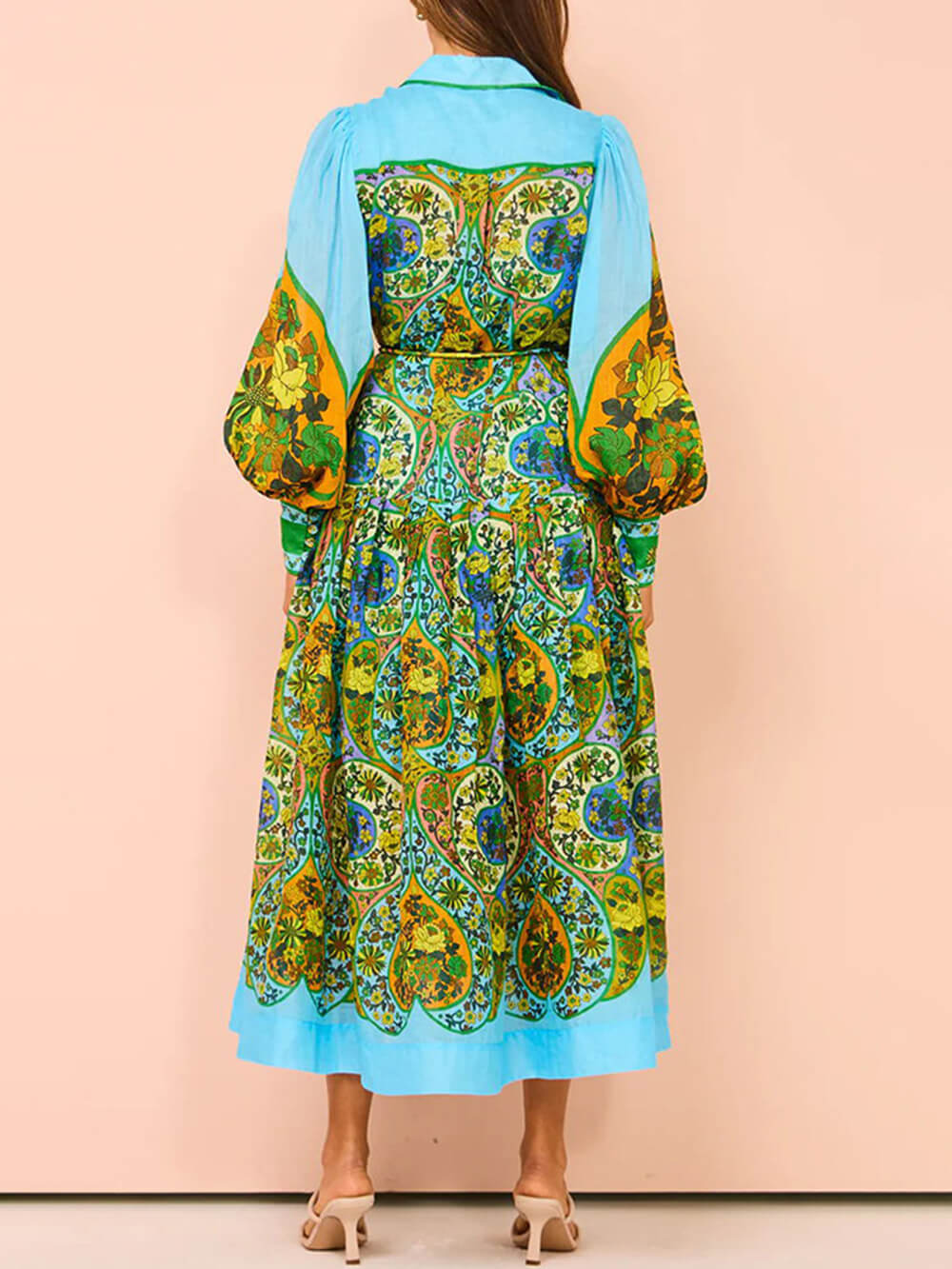 Ethnic Print Cardigan Lace-Up Lapel Long-Sleeved Dress