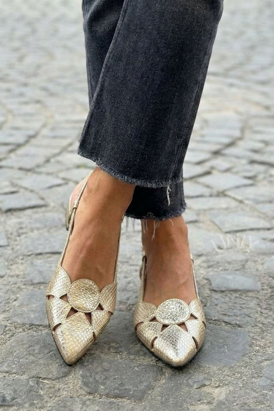 Elegant Gold Snakeskin Pattern Pointed Toe Cutout Flats [Pre Order]