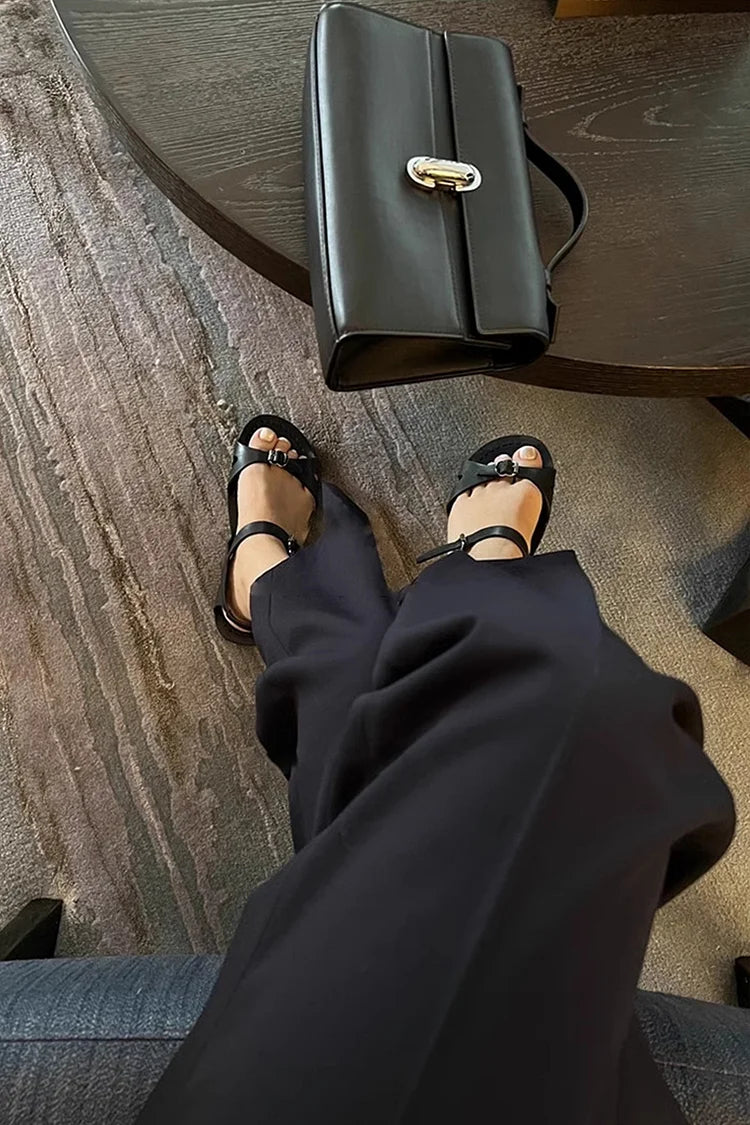 Solid Color Strap Buckle Cutout Round Toe Leather Sandals