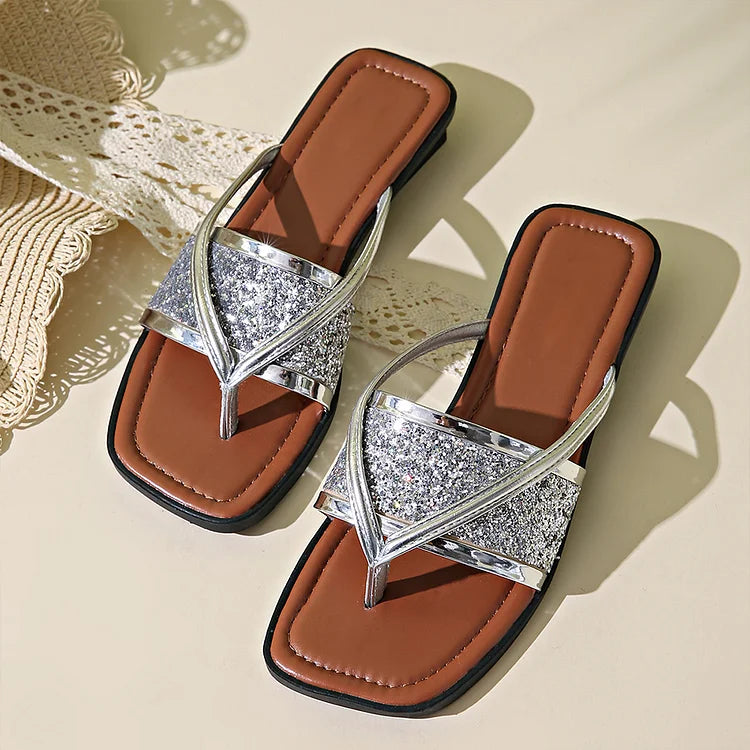 Metallic schimmernde glitzernde Flip-Flops mit quadratischer Spitze, lässige Hausschuhe
