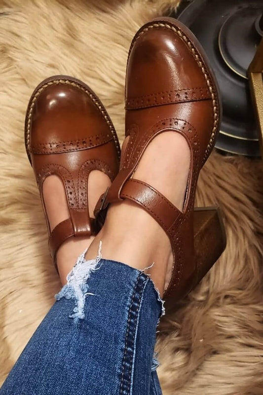 Scarpe con tacco grosso e cinturino a T in pelle brogue vintage [Pre-ordine]