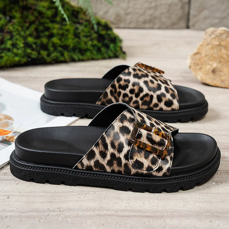 Leopard Print Strap Buckle Round Toe Casual Platform Slippers