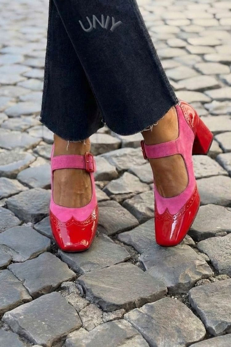 Patchwork Square Toe Instep Strap Buckle Low Heels