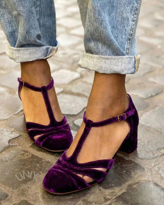 Elegant lilla fløjl T-rem Mary Jane blokhæl pumps [Forudbestilling]