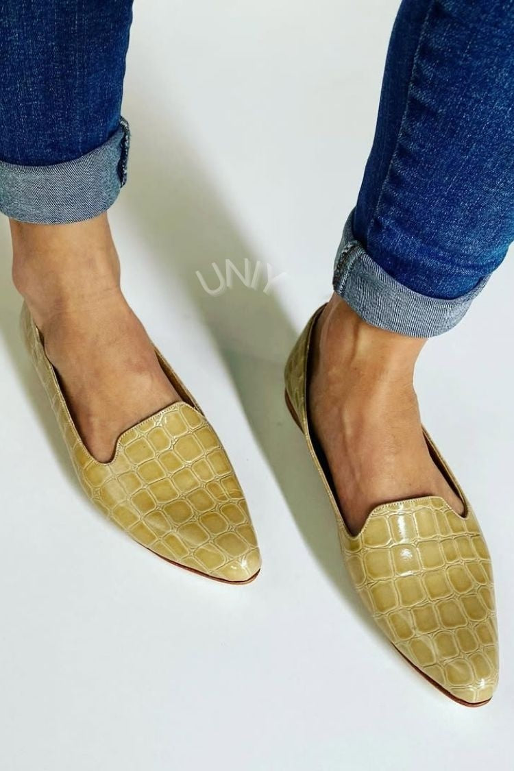 Yellow Croc Embossed PU Leather Pointed Toe Loafers [Pre Order]