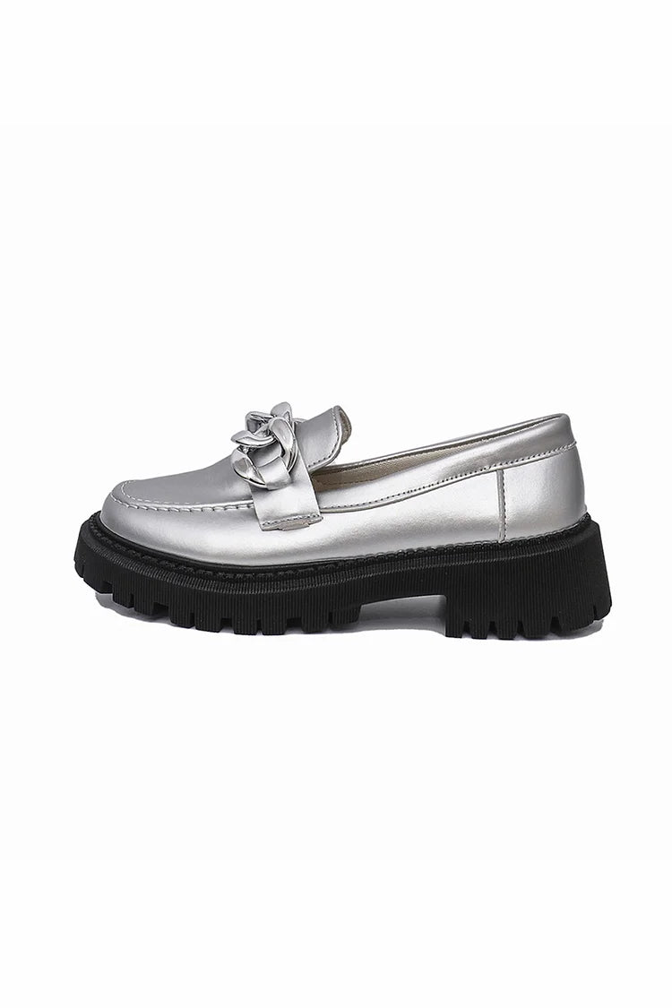 Metallic Sheen Round Toe Chain Decor Low Block Heel Loafers