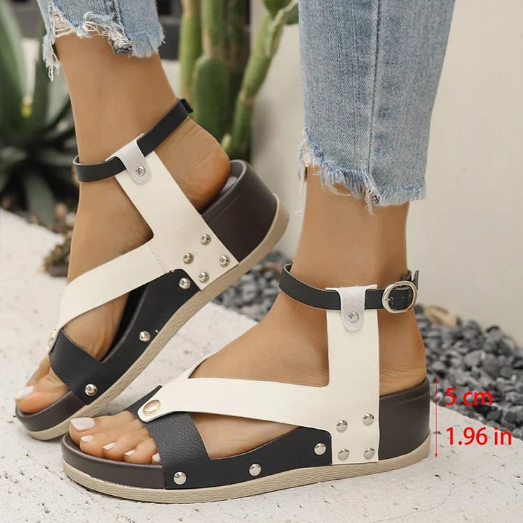 Leopard Print Metal Rivets Ankle Strap Buckle Round Toe Wedge Sandals