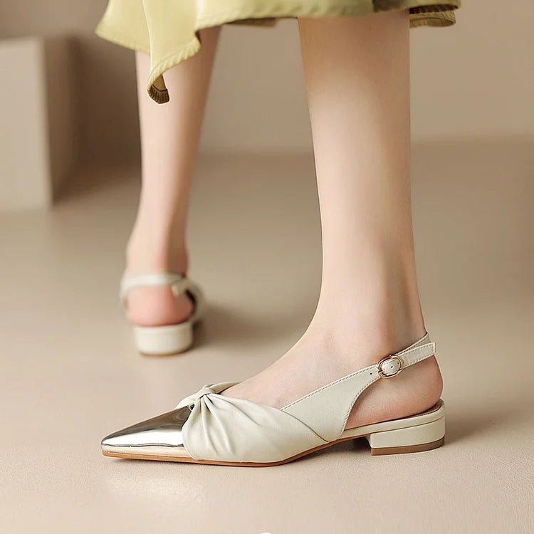 Bow Metallic Sheen Stitching Slingback Pointy Toe Flats