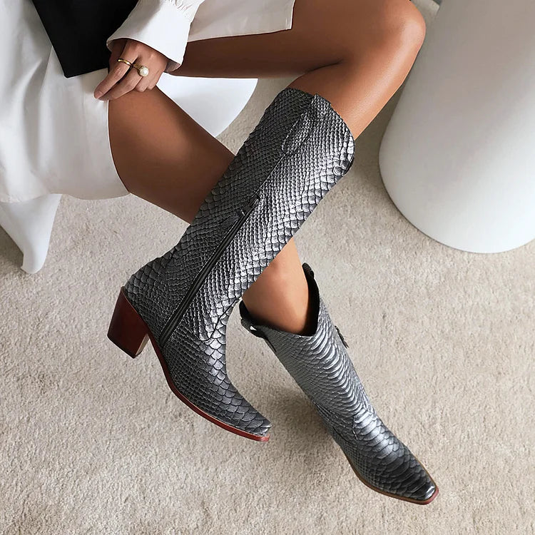 Snake Print Patchwork Pointed Toe Chunky Heel Western Boots