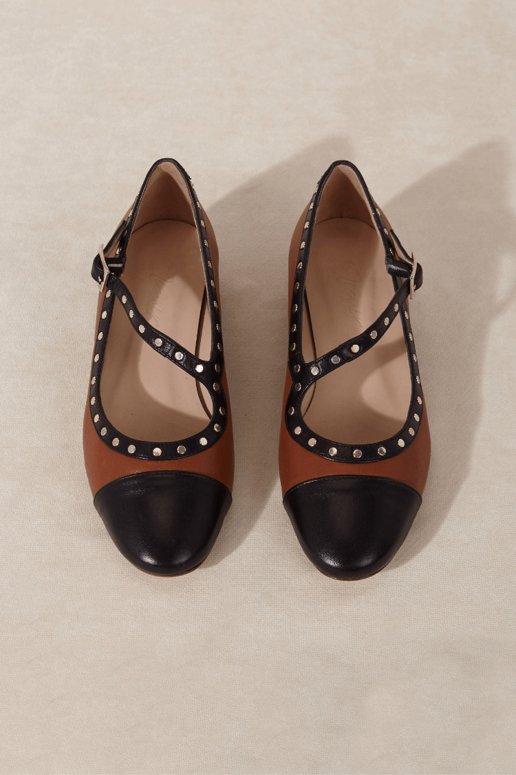 Two-Tone Riveted Cross Strap Block Heels