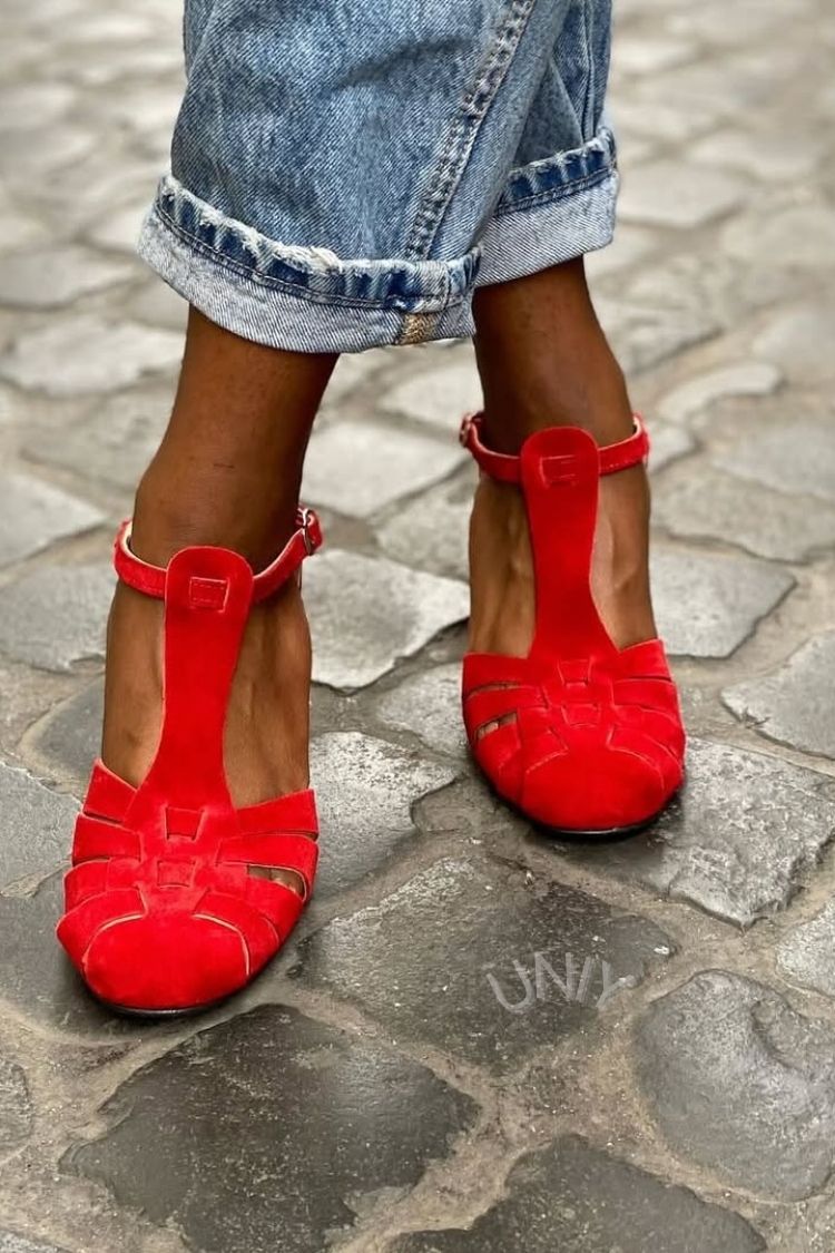 Chic Faux Suede Woven T-Strap Chunky Heel Pumps [Pre Order]