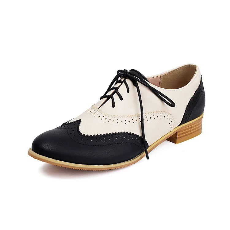 Round Toe Colorblock Patchwork Low Block Heel Lace Up Oxfords
