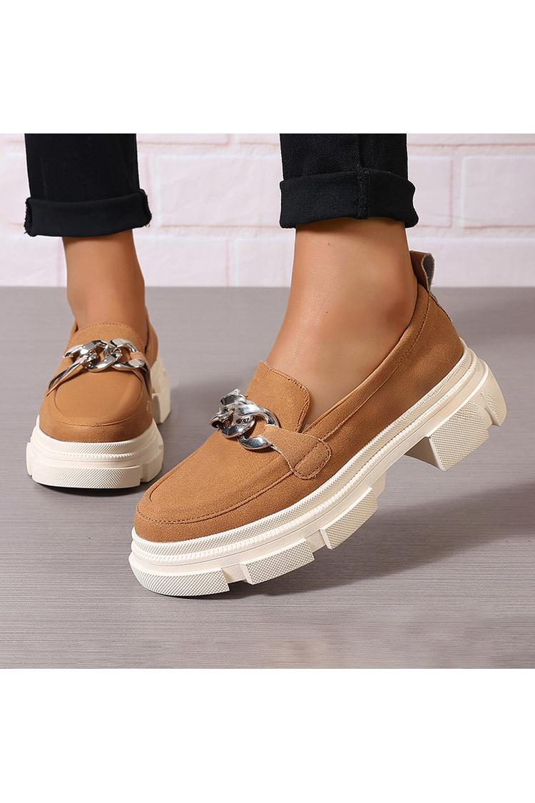 Einfarbige Metallkette Dekor Rundzehen Klobiger Absatz Loafers