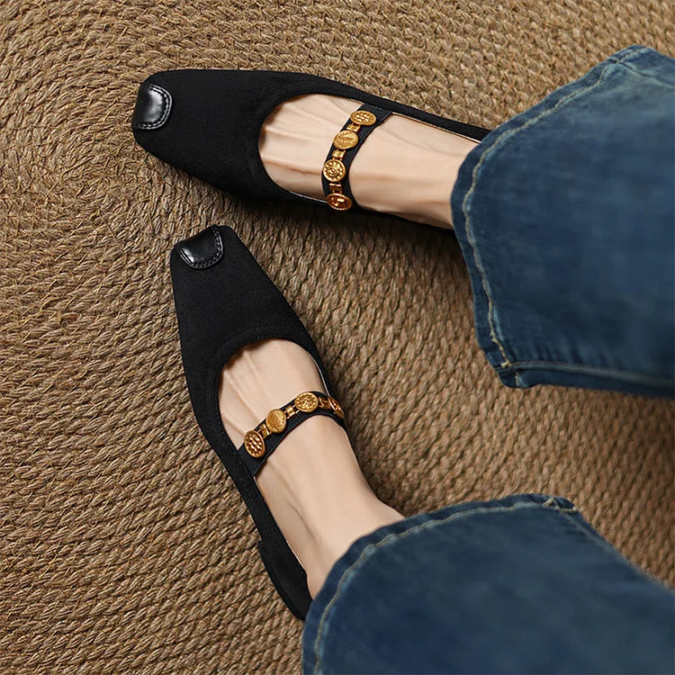 Catena con moneta in metallo, cinturino sul collo del piede, patchwork, punta quadrata, tacco spesso