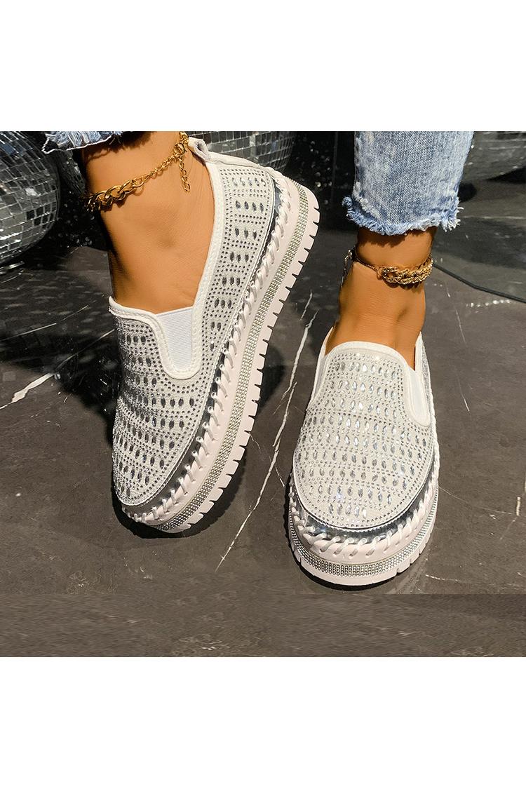 Strassverzierung Steppdetail Rundzehen Freizeit Plateau Loafers