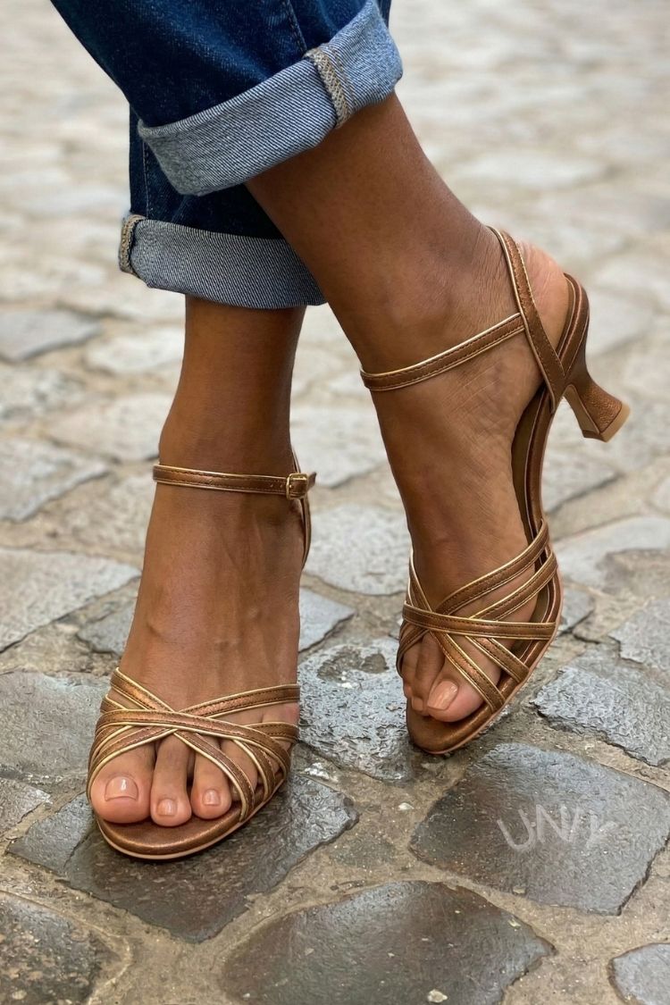 Metallic Bronze Crisscross Thin Strappy Ankle Buckle Mid Heels [Pre Order]