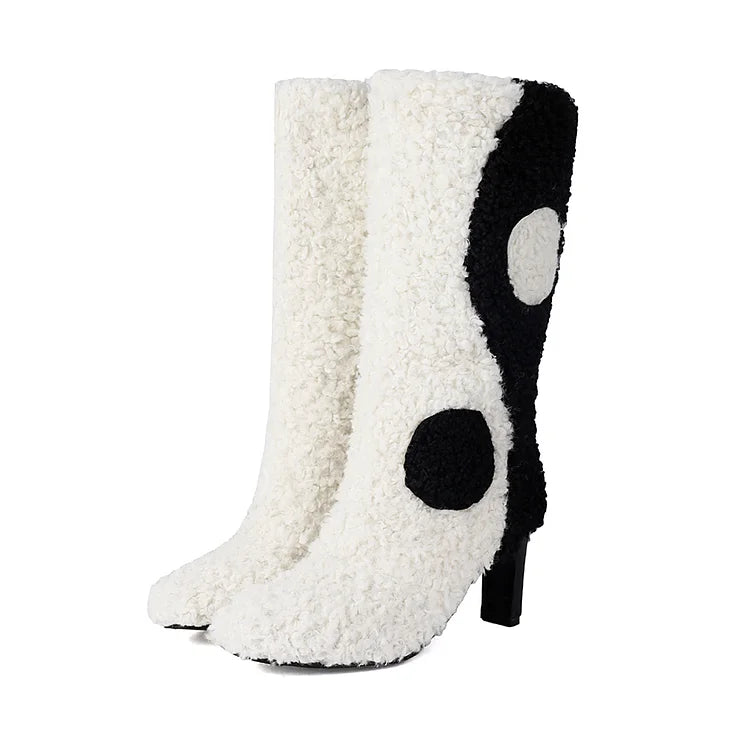 Colorblock Faux Fur Round Toe Chunky Heel Pull On Mid Calf Boots