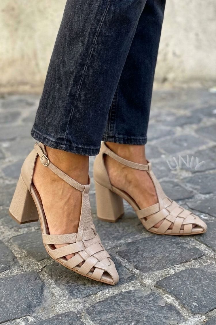 Elegant Nude Woven Cutout Pointed Toe T-Strap Chunky Heels [Pre Order]