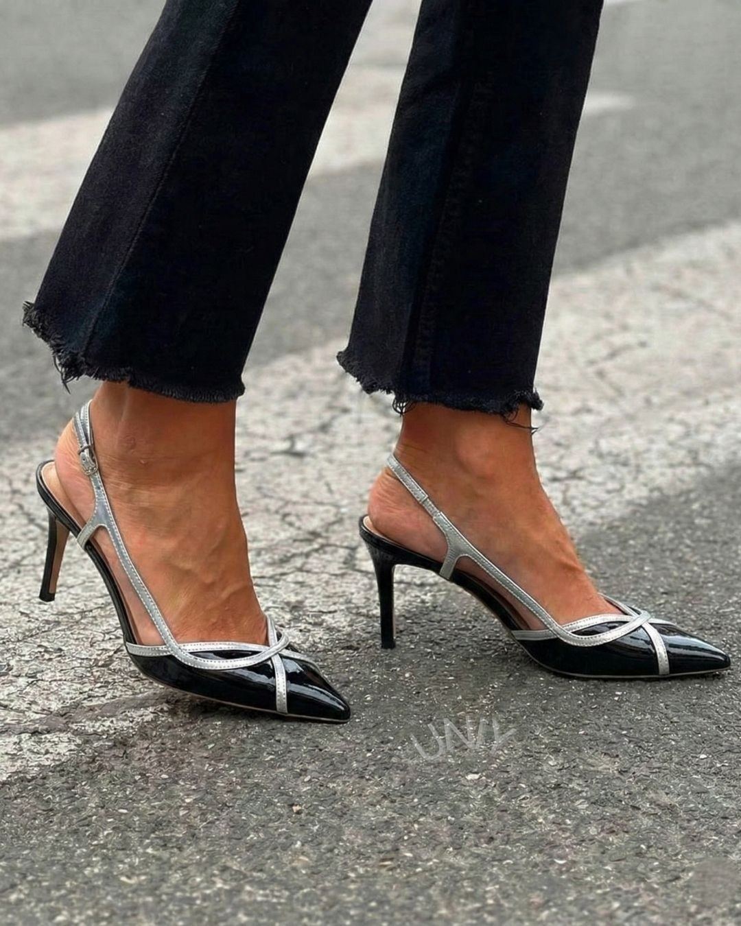 Eleganti scarpe con tacco a spillo a punta color block nero argento [Pre-ordine]