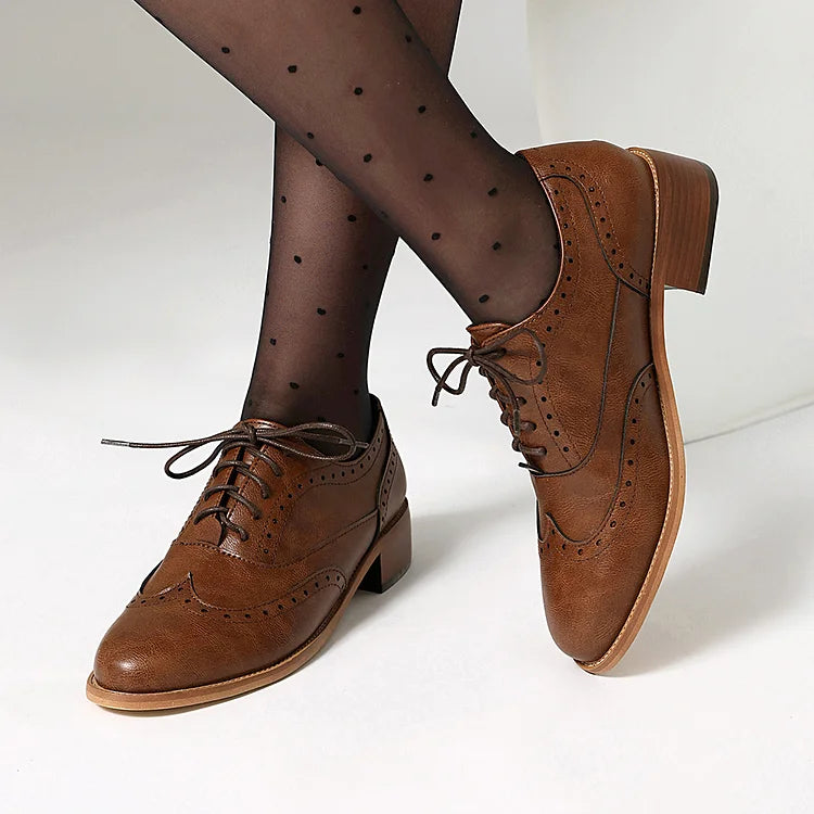Patchwork Solid Color Round Toe Low Block Heel Lace Up Brogue Oxfords