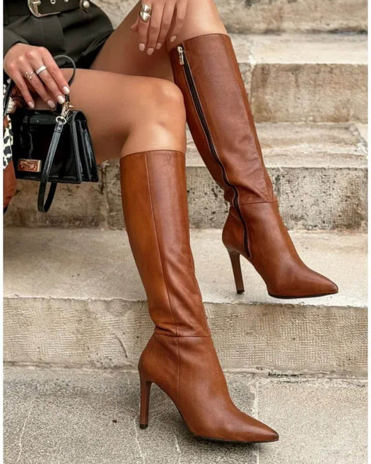 Eleganti stivali alti fino al ginocchio con punta a punta e tacco a spillo marroni [Pre-ordine] 