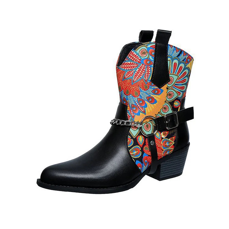 Ankle Boots mit Rosen-Schädelmuster und Kettendekor und spitzer Zehenpartie mit klobigem Absatz