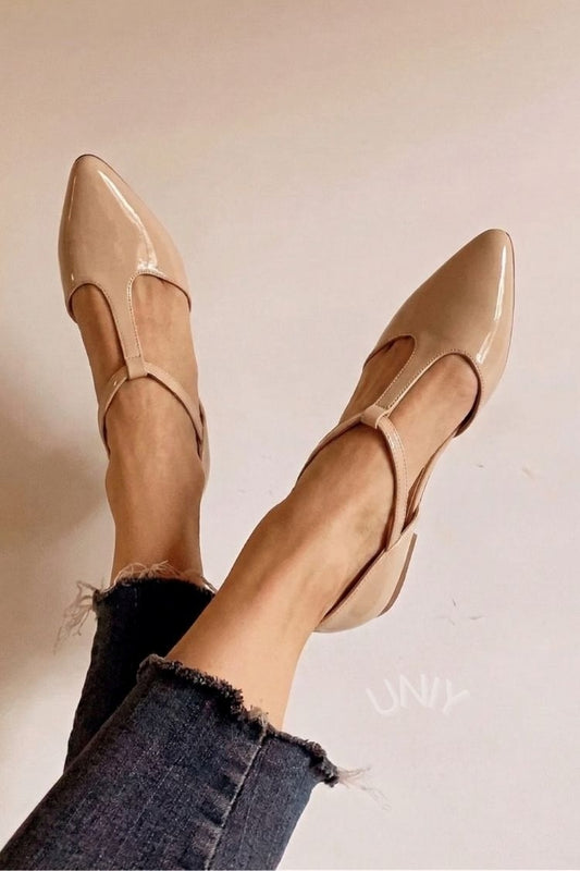 Elegant Nude Patent Leather Pointed Toe T-Strap Flats [Pre Order]