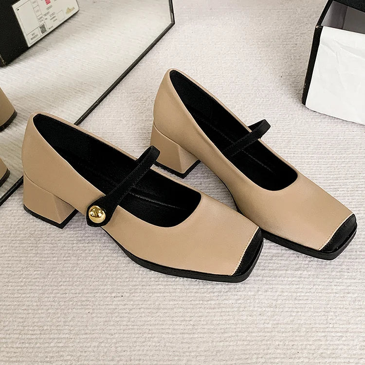 Color Matching Square Toe Instep Strap Buckle Chunky Heels