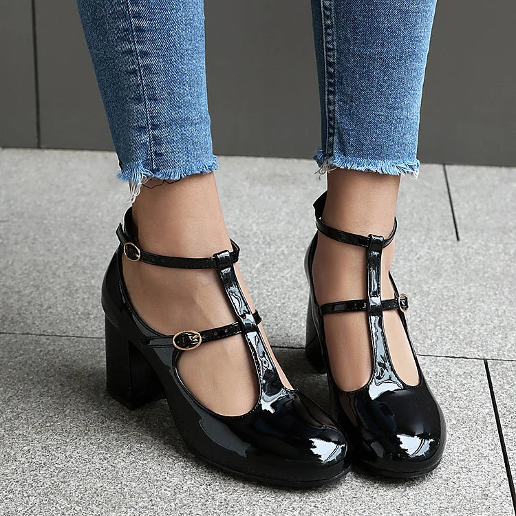 Solid Color Cross Strap Buckle Round Toe Chunky Heels