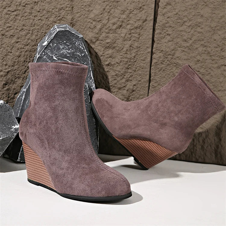 Solid Color Round Toe Wedge Heel Pull On Ankle Boots