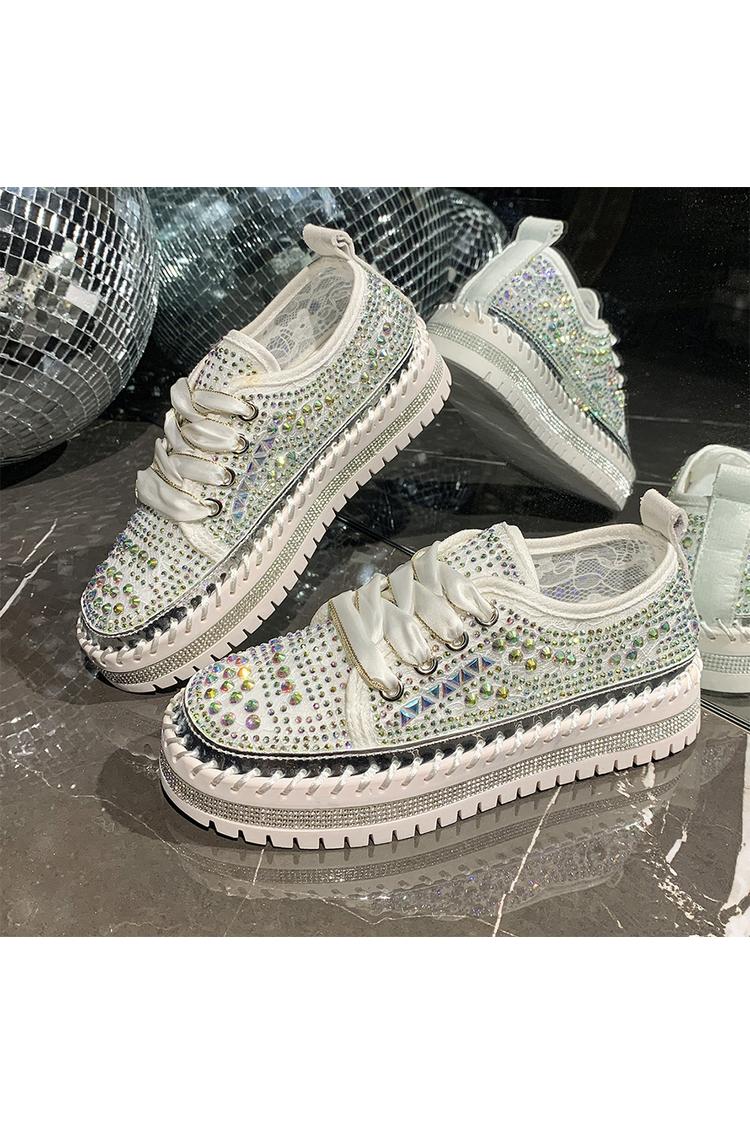 Sneakers casual con plateau e lacci, punta rotonda, decorazioni geometriche in strass 