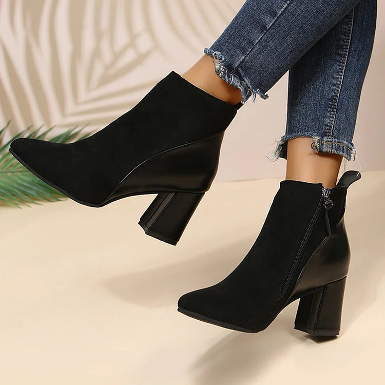 Patchwork Pointed Toe Chunky Heel Zipper Ankle Boots