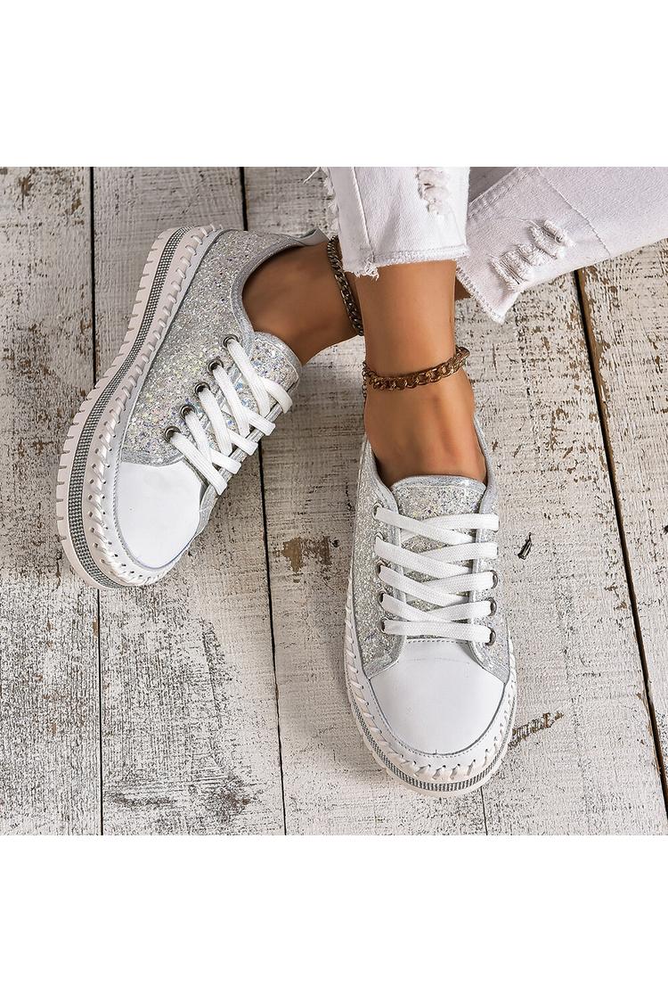 Sneakers casual con lacci e punta tonda con patchwork scintillante e dettagli cuciti 