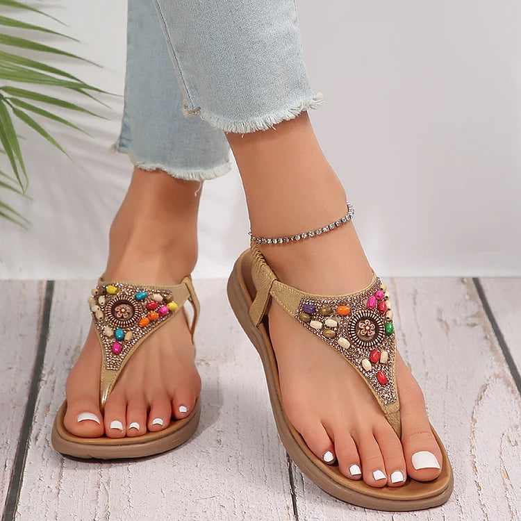 Boho Bunte Perlen Strass Flip Flops Gummiband Sandalen