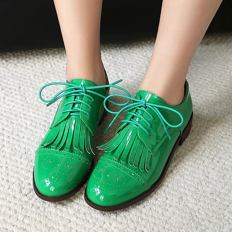 Oxfords z okrągłym noskiem, sznurowane, z ozdobnym frędzlem w jednolitym kolorze