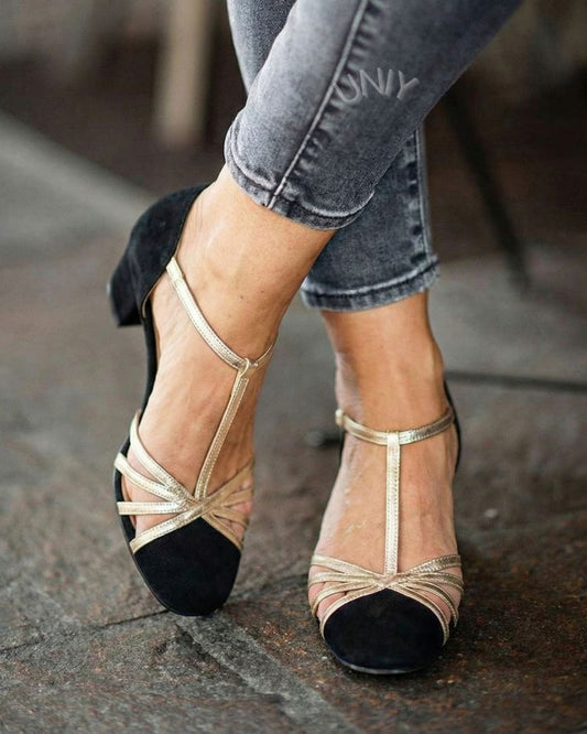 Black Suede Gold Metallic T-Strap Strappy Block Heel Sandals [Pre Order]