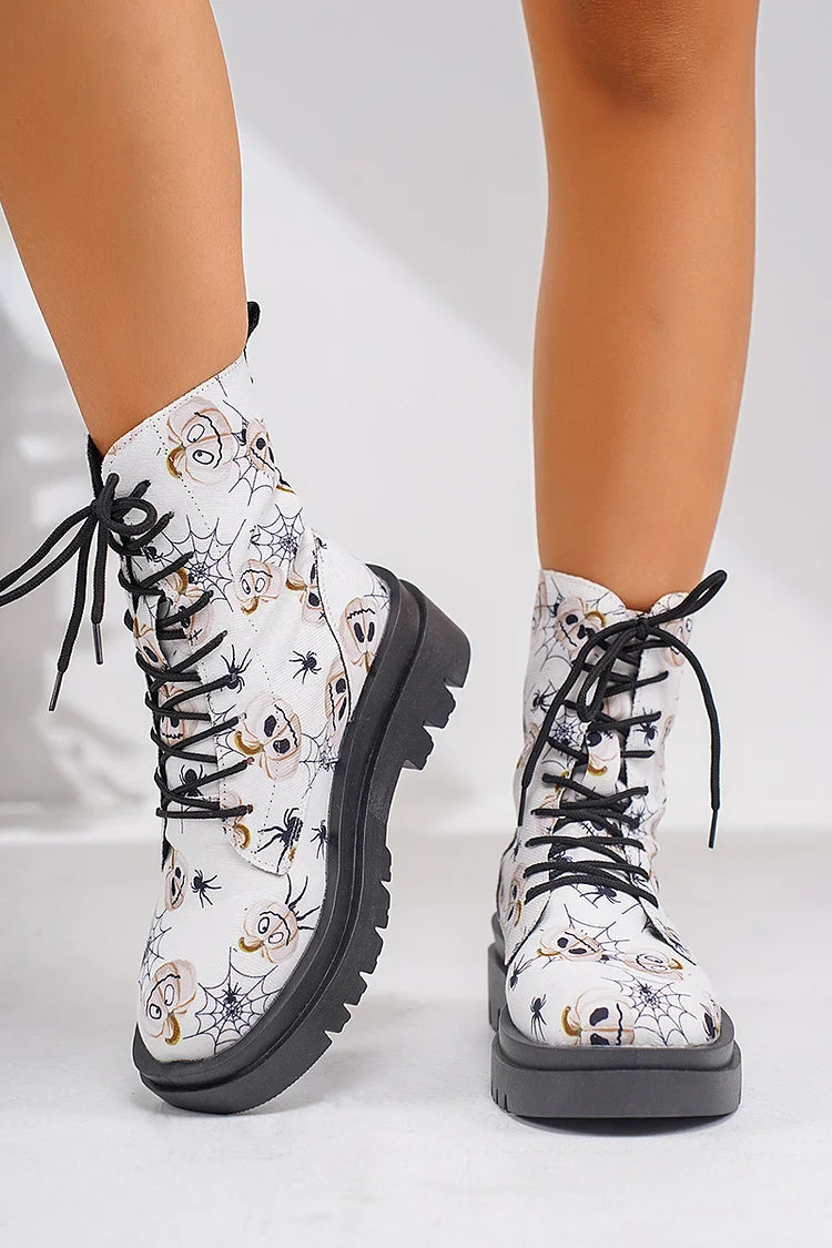 Flower Skull Print Round Toe Casual Lace Up Ankle Boots