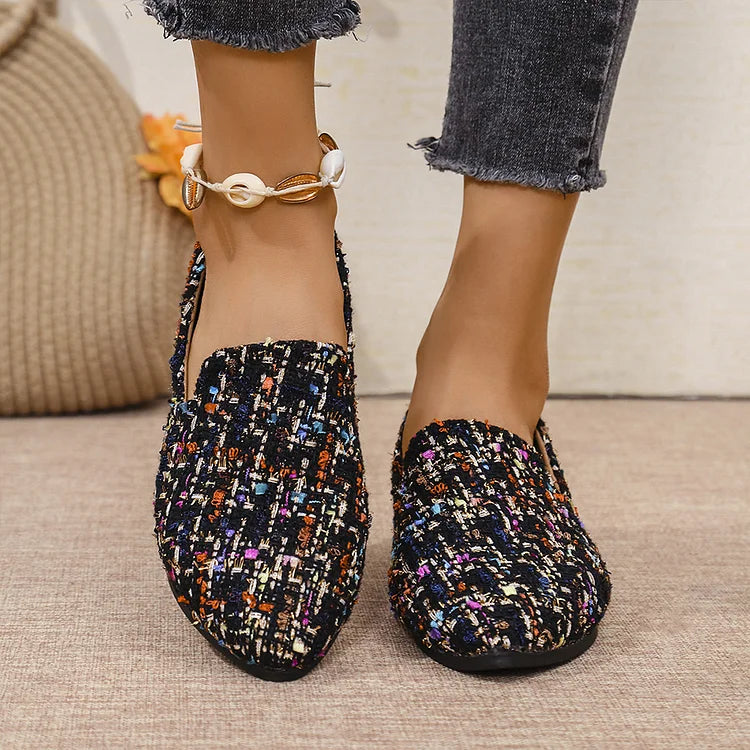 Mocassini slip on casual con tacco basso e punta multicolor