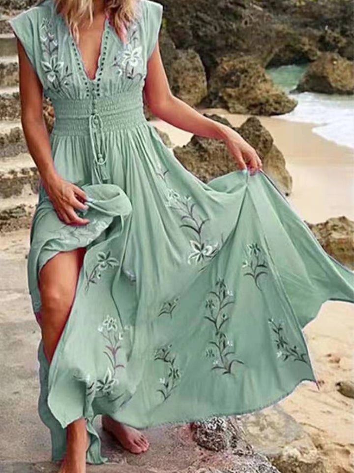 Abito con stampa Boho da spiaggia francese con scollo a V