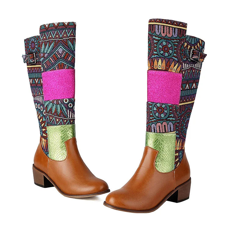 Farbblock-Patchwork-Stammesmuster-Stiefel mit runder Zehenpartie und mittelhoher Wade