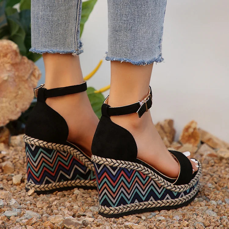 Sandalias de cuña con alpargata tejida con correa en el tobillo con estampado geométrico étnico Tacones 