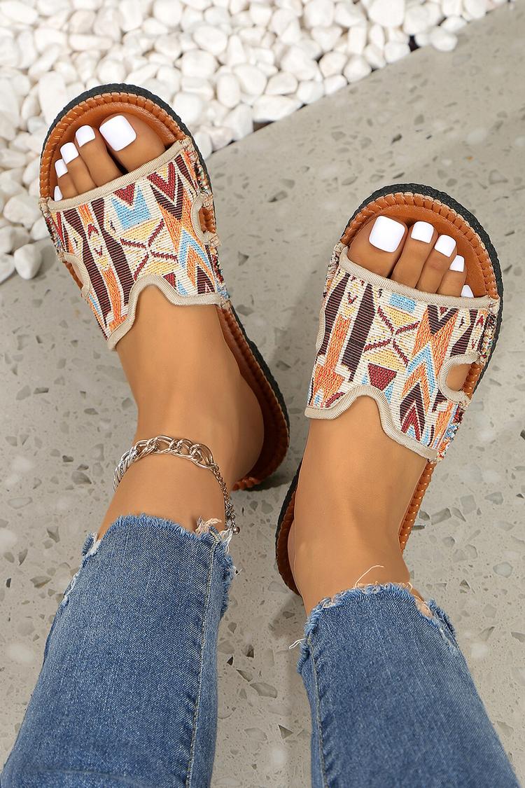 Pantofole casual con punta rotonda e motivo etnico multicolore