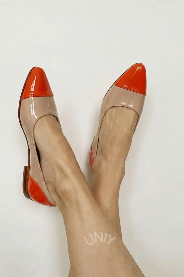 Chic Colorblock Patent Leather Pointed Toe Cap Toe Flats [Pre Order]