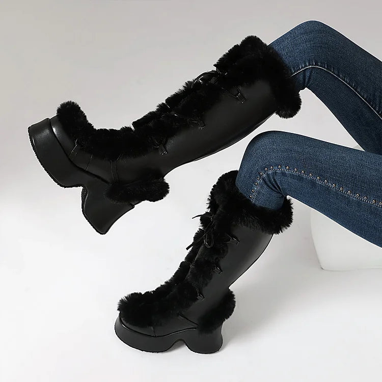 Fluffy Trim Lace Up Round Toe Chunky Heel Platform Snow Boots