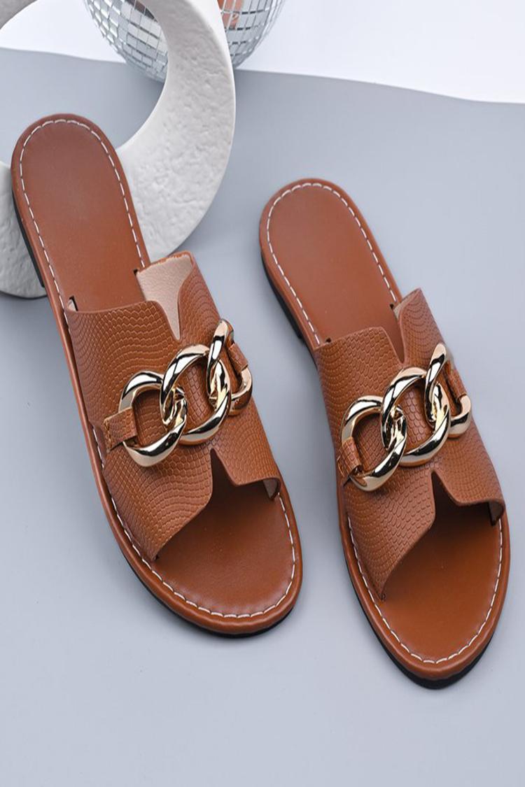 Pantofole casual con punta rotonda e stampa serpente con decorazione a catena in metallo